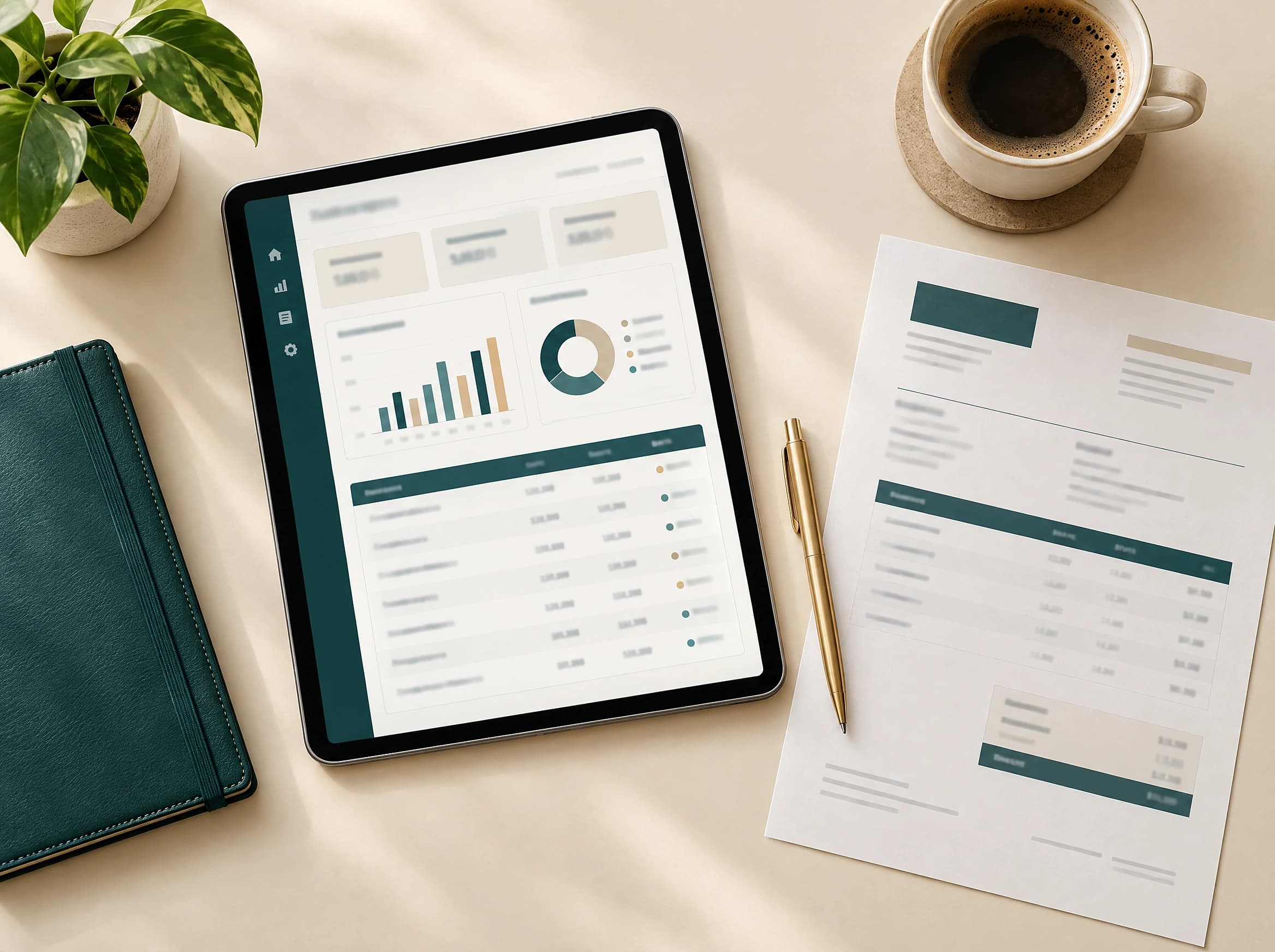 Tableau de bord de facturation affiché sur une tablette, à côté d’une facture imprimée