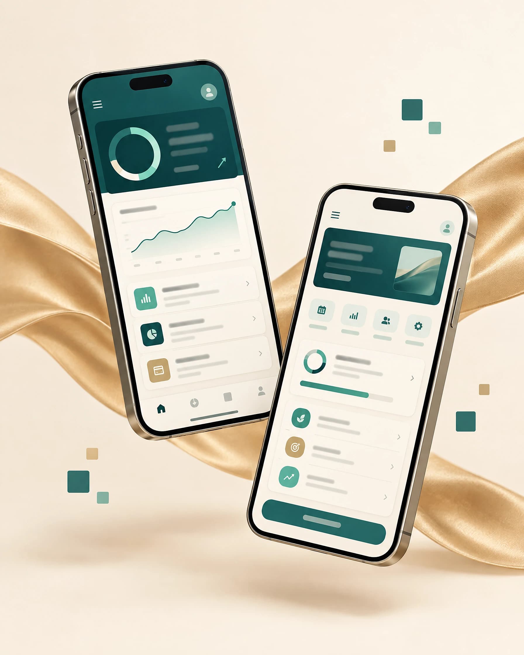 Application mobile de suivi aux couleurs teal et sable sur deux smartphones